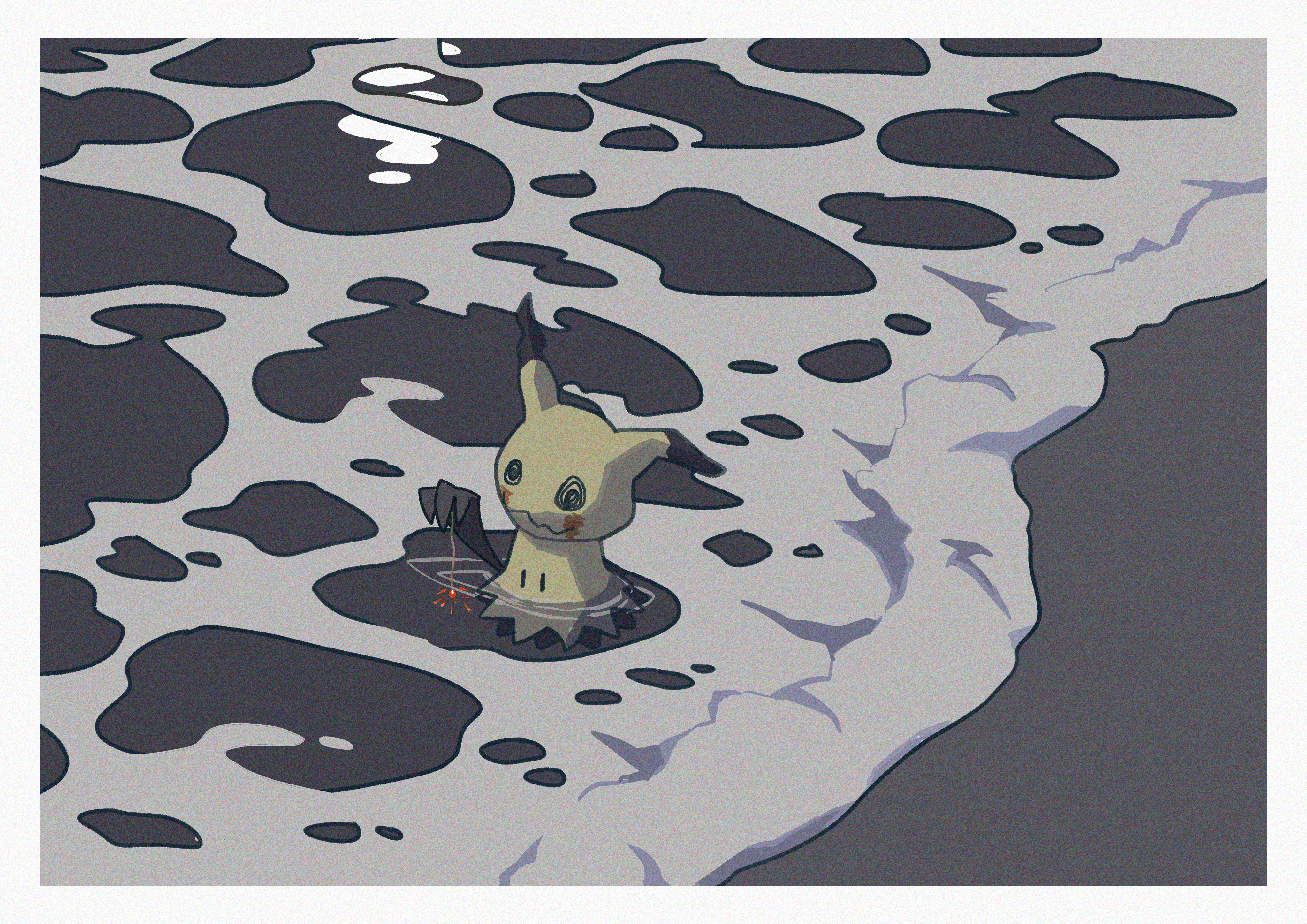 absurdres black_eyes border commentary gen_7_pokemon highres holding mimikyu nintendo no_humans outdoors pokemon pokemon_(creature) saiku_(zvlku) sand shore solid_oval_eyes solo standing wading water white_border