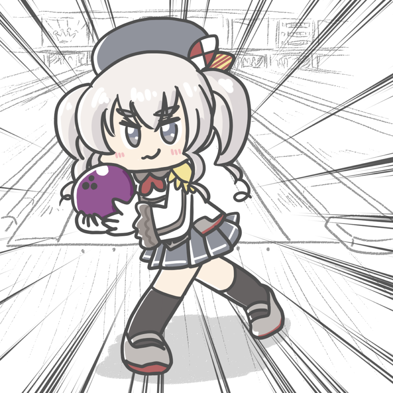 1girl ball beret blue_eyes bowling bowling_alley bowling_ball epaulettes ferret-san frilled_sleeves frills full_body gloves grey_hair grey_hat grey_skirt hat holding holding_ball jacket kantai_collection kashima_(kancolle) looking_at_viewer military_jacket military_uniform neckerchief pleated_skirt red_neckerchief skirt smile solo twintails wavy_hair white_gloves