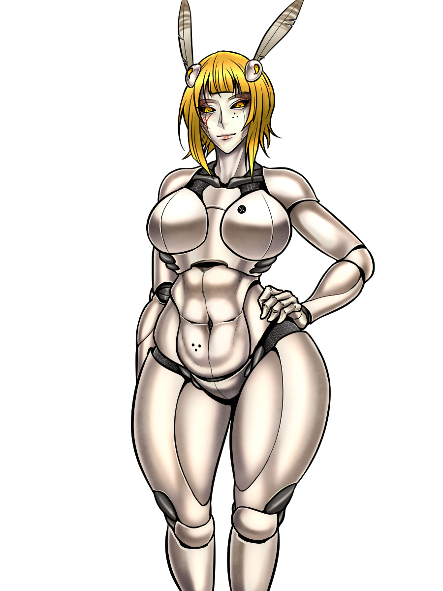 1girl abs armor black_sclera blonde_hair blunt_bangs bra breasts closed_mouth colored_sclera colored_skin commentary_request cowboy_shot doll_joints hand_on_own_hip highres joints joutouguu_mayumi large_breasts looking_at_viewer mole mole_under_eye navel pauldrons ryuuichi_(f_dragon) short_bangs short_hair shoulder_armor simple_background solo standing touhou underwear white_background white_skin yellow_eyes