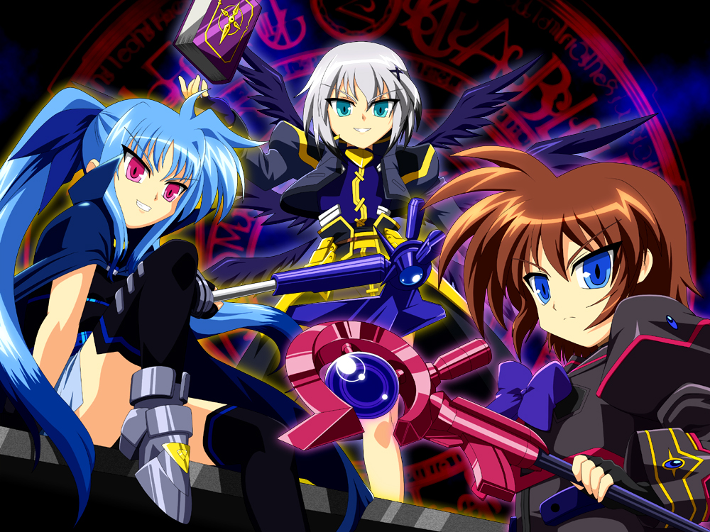 3girls belt_bra black_thighhighs blue_eyes blue_hair book brown_hair cape dark_persona fingerless_gloves gloves hair_ribbon long_hair luciferion lyrical_nanoha mahou_shoujo_lyrical_nanoha mahou_shoujo_lyrical_nanoha_a&#039;s mahou_shoujo_lyrical_nanoha_a&#039;s_portable:_the_battle_of_aces lord_dearche levi_the_slasher stern_the_destructor monhan multicolored_hair multiple_girls red_eyes ribbon short_hair silver_hair staff thighhighs tome_of_the_purple_sky twintails two-tone_hair vulnificus yersiniakreuz