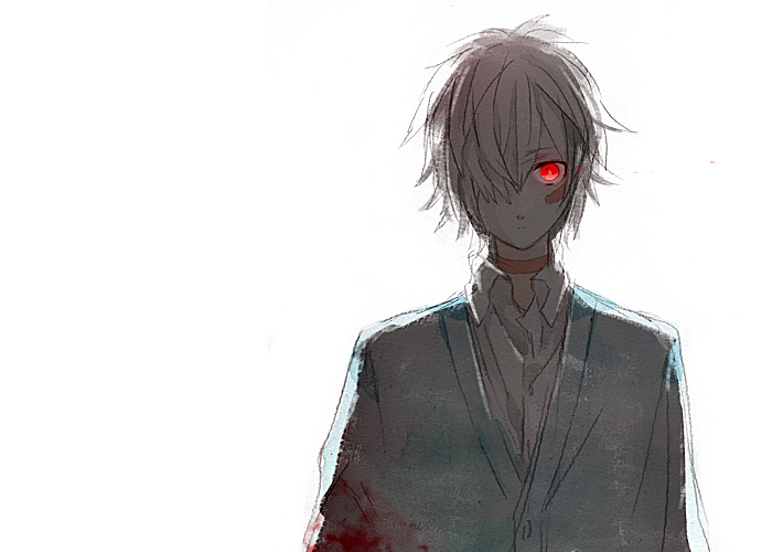1boy bandaged_neck bandages bandaid bandaid_on_cheek bandaid_on_face blood blood_on_clothes blue_jacket buttons character_request closed_mouth collared_shirt dress_shirt expressionless glowing glowing_eyes gomas hair_over_one_eye jacket male_focus no.6 red_eyes shirt short_hair simple_background solo straight-on upper_body white_background white_hair white_shirt