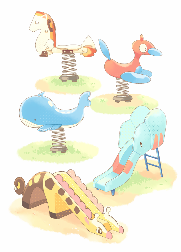 commentary_request game_freak gen_1_pokemon gen_2_pokemon gen_3_pokemon girafarig grass handle hitofutarai nintendo objectification phanpy playground pokemon ponyta porygon2 slide spring_(object) spring_rider wailord white_background