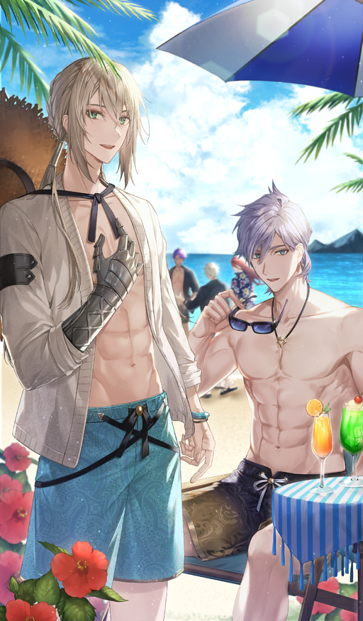 5boys abs airgetlam_(fate) airm aqua_eyes arm_at_side beach beach_umbrella bedivere_(fate) bedivere_(rounds_beach)_(fate) black-framed_eyewear black_male_swimwear blonde_hair blue-tinted_eyewear blue_male_swimwear blue_sky bracelet cardigan champagne_flute cherry cloud commentary_request cowboy_shot cup day drink drinking_glass fate/grand_order fate_(series) flower food fruit garnish gawain_(fate) gawain_(scion_of_summer)_(fate) green_eyes hair_between_eyes hair_tie hand_on_own_chest hat hat_on_back hibiscus holding holding_removed_eyewear horizon ice ice_cube jewelry lancelot_(fate/grand_order) lancelot_(strongest_knight_of_summer)_(fate) long_hair looking_at_viewer looking_to_the_side low_twintails male_focus male_swimwear mountain multiple_boys navel non-circular_lens_flare ocean official_art open_cardigan open_clothes orange_(fruit) orange_slice outdoors paisley palm_tree parted_lips pectorals pendant percival_(fate) percival_(rounds_beach)_(fate) prosthesis prosthetic_arm purple_hair red_flower red_hair sand short_hair sidelocks sitting sky smile standing straw_hat sun_hat sunglasses sunlight swim_trunks table tan teeth third-party_source three-quarter_sleeves tinted_eyewear toned toned_male topless_male tree tristan_(chicken_of_luluhawa)_(fate) tristan_(fate) tropical_drink twintails umbrella unworn_eyewear upper_teeth_only white_cardigan white_hair