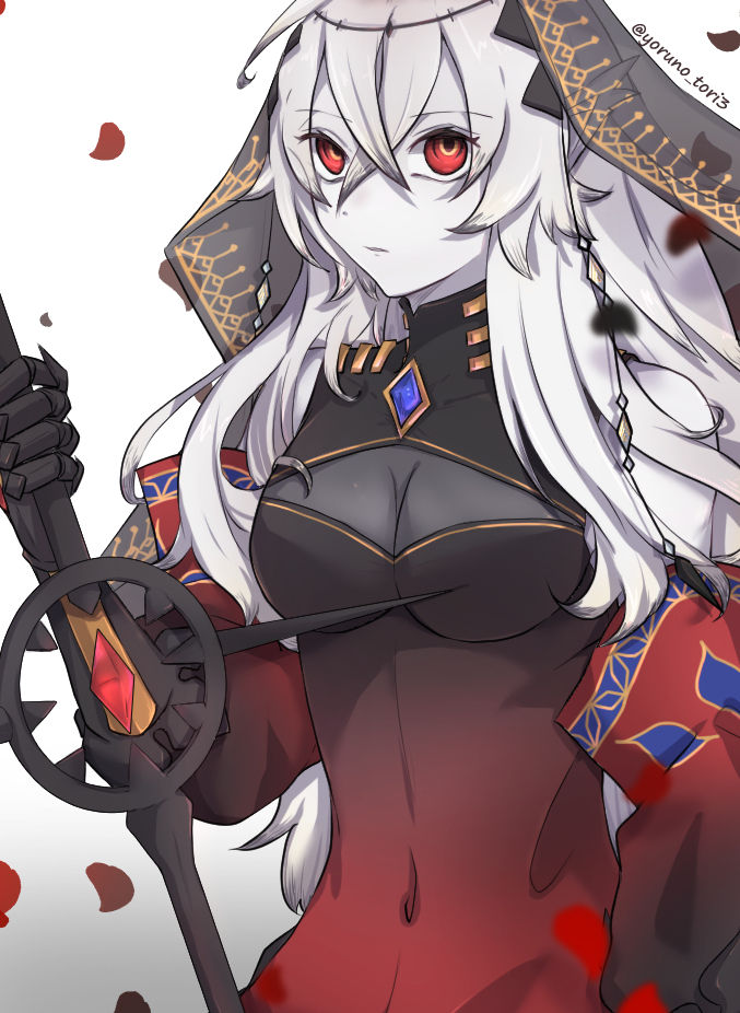 1girl black_veil blazing_cartesia_the_virtuous breasts cleavage closed_mouth colored_skin covered_navel dress ecclesia_(yu-gi-oh!) gem hair_between_eyes hair_ornament holding holding_weapon kuro-nue224819 large_breasts long_hair long_sleeves red_dress red_eyes red_gemstone solo twitter_username veil weapon white_hair white_skin yu-gi-oh!