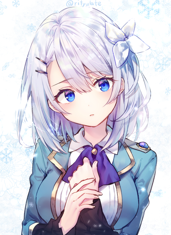 1girl blue_eyes blue_jacket breasts collared_shirt epaulettes flower gold_trim grey_hair hair_flower hair_ornament hairclip hikikomari_kyuuketsuki_no_monmon jacket medium_breasts neckerchief purple_neckerchief riichu sakuna_memoire shirt snowflakes solo twitter_username upper_body white_flower white_shirt
