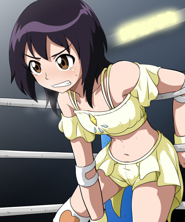 10s 1girl bare_shoulders bioroid_hei black_hair boots brown_eyes commentary elbow_pads female_focus midriff no_mask solo spring_tiger sweat takaoka_haruna tiger_mask_(series) tiger_mask_w wrestling_outfit wrestling_ring