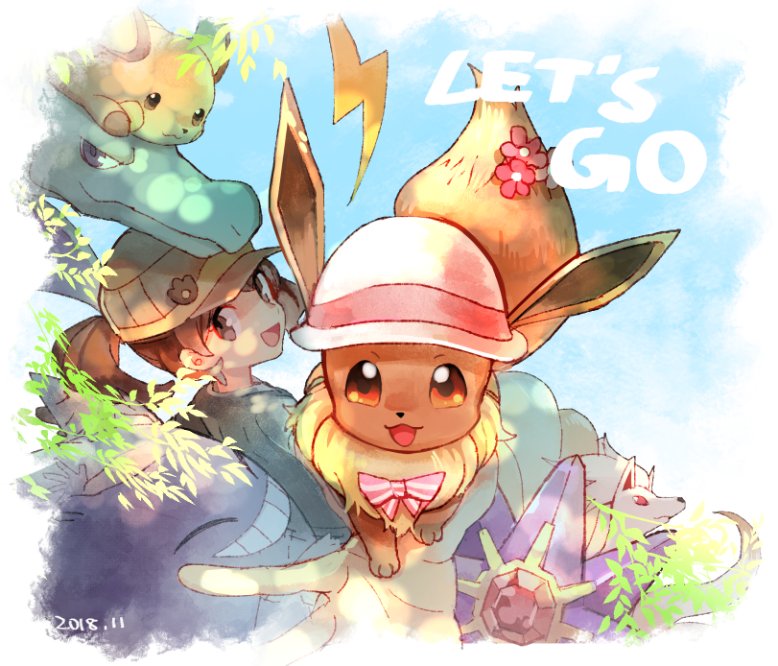 1girl :d aerodactyl baseball_cap brown_eyes brown_hair brown_headwear chinese_clothes clothed_pokemon commentary_request copyright_name dated day eevee elaine_(pokemon) gen_1_pokemon gengar hat huan_li looking_at_viewer looking_back ninetales nintendo open_mouth outdoors pokemon pokemon_(creature) pokemon_lgpe raichu shirt sky smile starmie tongue white_headwear
