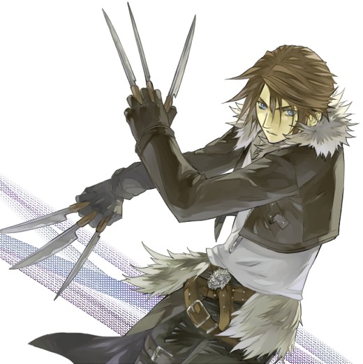 1boy belt belt_buckle black_belt black_gloves black_jacket black_pants blue_eyes brown_belt brown_hair buckle commentary_request cropped_jacket dated_commentary dissidia_final_fantasy final_fantasy final_fantasy_viii fur-trimmed_jacket fur_trim gloves hands_up hinokami holding holding_knife jacket knife long_sleeves male_focus multiple_belts open_clothes open_jacket pants parted_lips scar scar_on_face serious shirt short_hair solo squall_leonhart studded_belt thigh_strap upper_body waist_cape white_background white_fur white_shirt