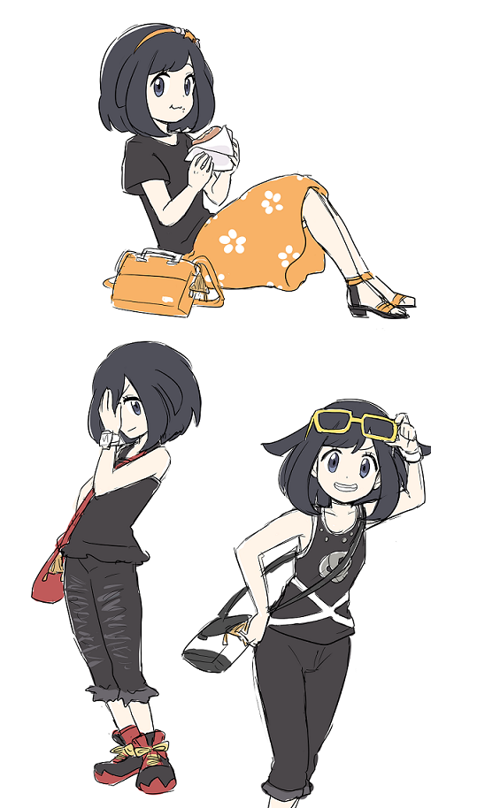 1girl bag black_hair black_pants black_shirt cosplay covering_own_eyes eyewear_on_head floral_print food food_on_face gladion_(pokemon) gladion_(pokemon)_(cosplay) hairband ichi_(yyy1mmm6) long_skirt malasada nintendo orange_skirt pants pokemon pokemon_sm selene_(pokemon) shirt shoes short_hair simple_background sitting skirt slippers standing sunglasses swept_bangs team_skull team_skull_(cosplay) team_skull_grunt team_skull_grunt_(cosplay) white_background z-ring