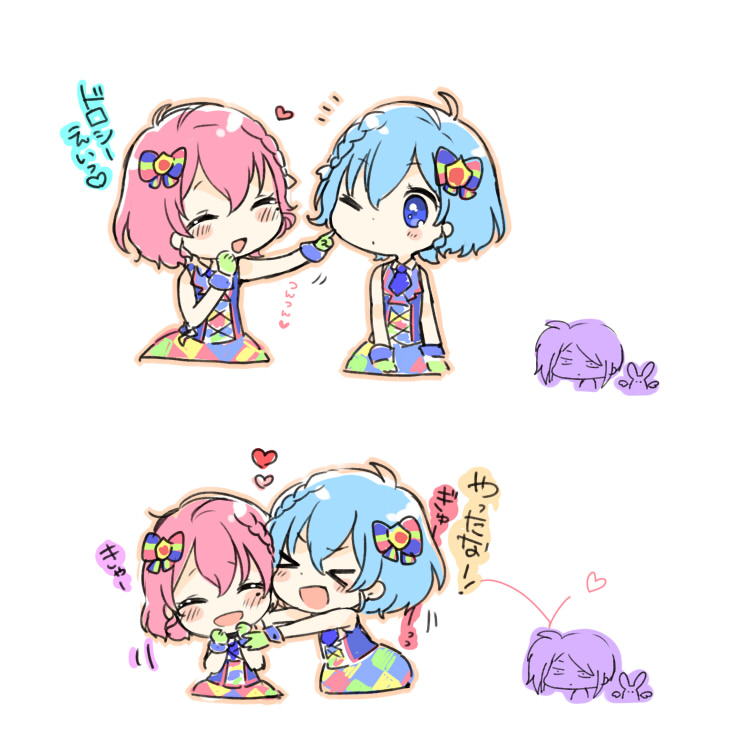 &gt;_&lt; 1boy 2girls :d blue_eyes blue_hair blush bow braid brother_and_sister chibi chibi_only closed_eyes dorothy_west hair_bow heart hug idol_clothes multiple_girls one_eye_closed open_mouth pink_hair pretty_series pripara reona_west siblings side_braid simple_background single_braid smile toudou_shion touyama_soboro translation_request trap twins upper_body usagi_(pripara) white_background xd