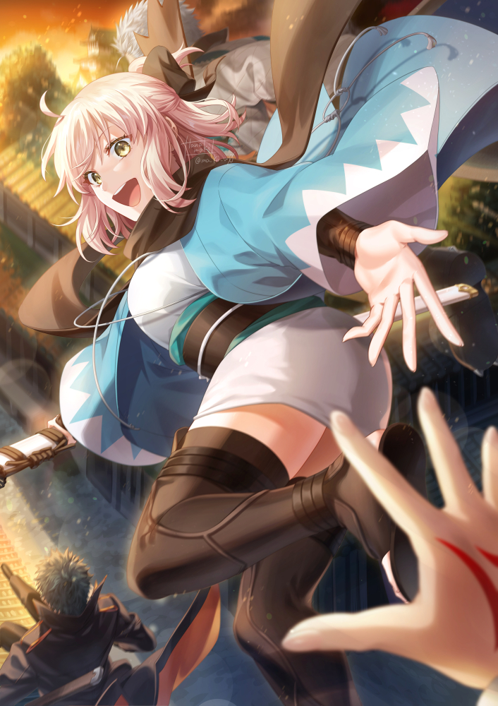 1girl 2boys ahoge black_bow black_scarf black_suit blonde_hair blue_hair bow breasts collared_coat command_spell facing_away fate/grand_order fate_(series) formal_clothes grey_hair grey_hakama hair_bow hakama haori holding jacket japanese_clothes kamuinii katana kimono looking_at_viewer multiple_boys nagakura_shinpachi_(fate) offering_hand okita_souji_(fate) open_mouth saitou_hajime_(fate) scarf shinsengumi short_hair short_kimono smile solo suit sword thighhighs twitter_username weapon white_hair white_kimono yellow_eyes