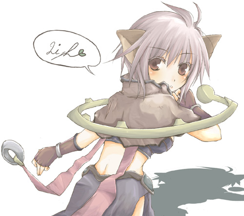 1girl animal_ears back blush breasts brown_capelet brown_eyes brown_gloves capelet cat_ears cat_girl commentary_request fingerless_gloves from_behind gloves grey_hair grey_skirt looking_at_viewer looking_back lowres medium_breasts open_mouth ragnarok_online rylsnow sage_(ragnarok_online) shadow simple_background skirt solo upper_body white_background