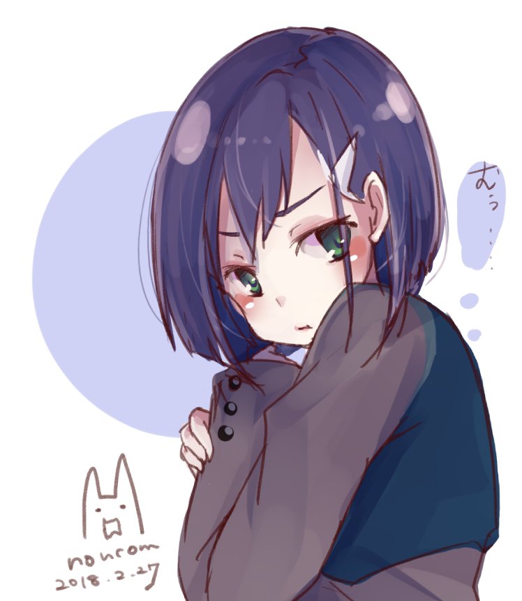 1girl :t artist_logo artist_name blue_dress blunt_ends blush bob_cut circle commentary darling_in_the_franxx dated dress from_behind from_side green_eyes grey_dress hair_ornament hairclip ichigo_(darling_in_the_franxx) logo long_sleeves looking_at_viewer looking_back looking_to_the_side loose_hair_strand nonkomu_(furiten5553) pout purple_hair short_hair signature solo speech_bubble thought_bubble translated two-tone_dress uniform upper_body v-shaped_eyebrows white_background