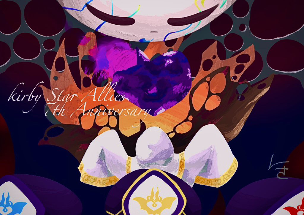 3girls anniversary aura copyright_name dark_aura flamberge_(kirby) francisca_(kirby) hat heart hyness kirby_star_allies kirby_(series) multiple_girls nintendo nisa_m_0323 purple_hat sleeves_past_fingers sleeves_past_wrists void_(kirby) void_termina zan_partizanne