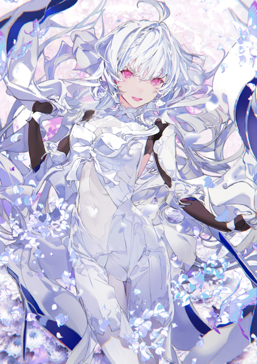 1girl :d ahoge bodysuit breasts bug butterfly clothing_cutout covered_navel cowboy_shot fate/grand_order fate_(series) floating_hair game_cg gloves hair_intakes hand_up insect lady_avalon_(fate) lady_avalon_(third_ascension)_(fate) long_sidelocks looking_at_viewer medium_breasts merlin_(fate/prototype) official_art open_mouth pink_eyes side_cutout sidelocks smile solo taiki_(luster) teeth third-party_source turtleneck upper_teeth_only white_bodysuit white_gloves white_hair white_theme