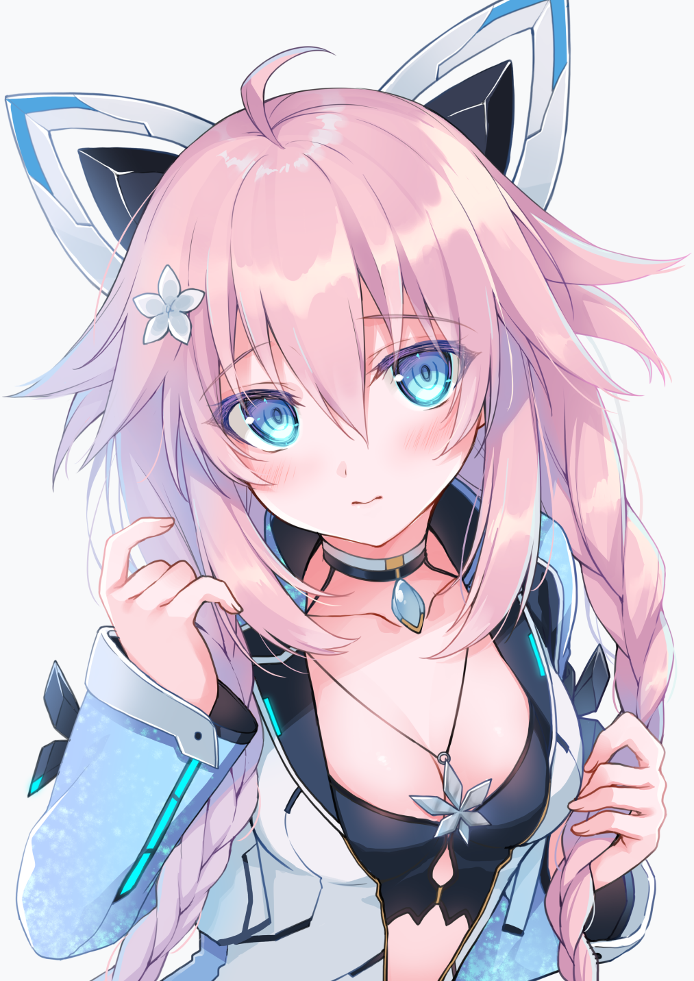1girl 3: ahoge animal_ears black_shirt blue_eyes braid breasts choker collarbone commission crop_top fake_animal_ears hair_between_eyes hair_ornament hand_up highres holding holding_own_hair jacket long_hair long_sleeves looking_at_viewer mechanical_ears nikyuppa open_clothes open_jacket phantasy_star phantasy_star_online_2 pink_hair shirt simple_background small_breasts solo twin_braids upper_body white_background white_jacket