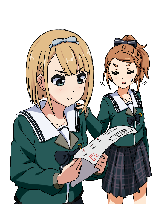 22/7 2girls academic_test asymmetrical_bangs black_bow black_bowtie black_ribbon black_skirt blonde_hair blue_bow blue_hairband blunt_bangs bob_cut bow bow_hairband bowtie braid brown_hair closed_eyes collarbone green_eyes green_shirt hair_bow hair_ribbon hairband hand_on_another&#039;s_shoulder high_ponytail holding holding_paper igashiko inverted_bob kono_miyako long_sleeves looking_at_object motion_lines multiple_girls oekaki open_mouth paper plaid_clothes plaid_skirt pleated_skirt ponytail ribbon rokubanchou_school_uniform sailor_collar saito_nicole school_emblem school_uniform serafuku shirt short_hair simple_background single_braid skirt smile standing sweatdrop test_score u_u v-shaped_eyebrows white_background white_sailor_collar winter_uniform