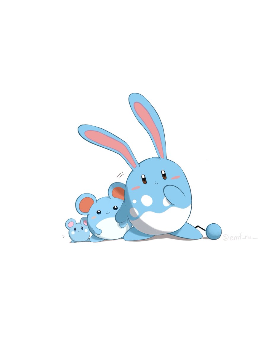 azumarill azurill closed_mouth emofuru_(vktd5442) evolutionary_line game_freak gen_2_pokemon gen_3_pokemon head_tilt highres looking_at_viewer marill nintendo no_humans pokemon pokemon_(creature) simple_background smile tail white_background