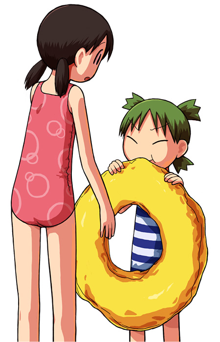 ayase_ena blowing child emoncake. innertube koiwai_yotsuba one-piece_swimsuit quad_tails swim_ring swimsuit yotsubato!