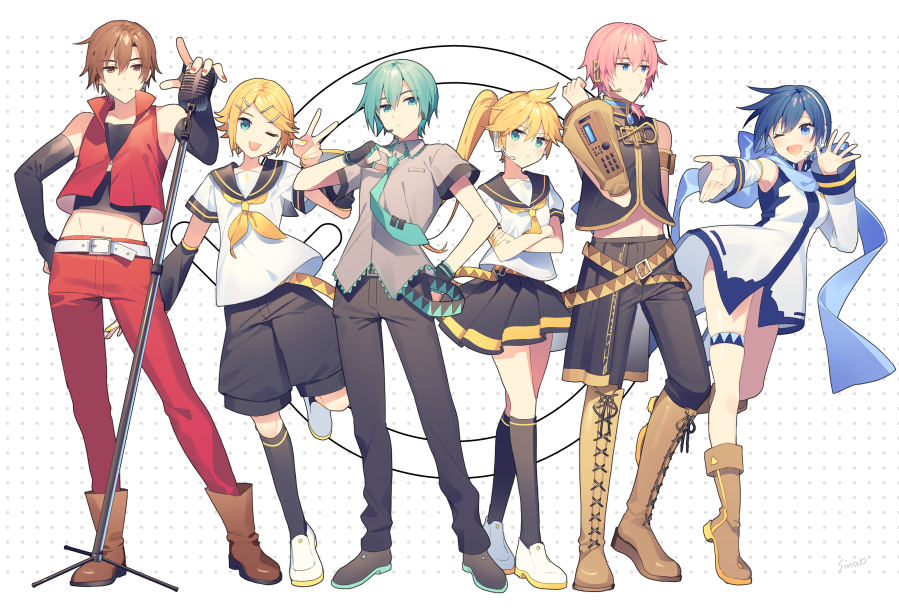 2girls 4boys aqua_hair aqua_necktie asymmetrical_pants black_pants black_shorts black_skirt blonde_hair blue_hair boots breasts brown_eyes brown_hair crossed_arms detached_sleeves dress fingerless_gloves genderswap genderswap_(ftm) genderswap_(mtf) gloves grey_shirt hair_ornament hairclip hatsune_mikuo headphones headset kagamine_lenka kagamine_rinto kaiko_(vocaloid) knee_boots kneehighs long_hair medium_breasts megurine_luki meito_(vocaloid) microphone multiple_boys multiple_girls nail_polish necktie one_eye_closed pants pink_hair red_pants shirt short_hair shorts side_ponytail simple_background sinaooo skirt socks v very_long_hair vocaloid