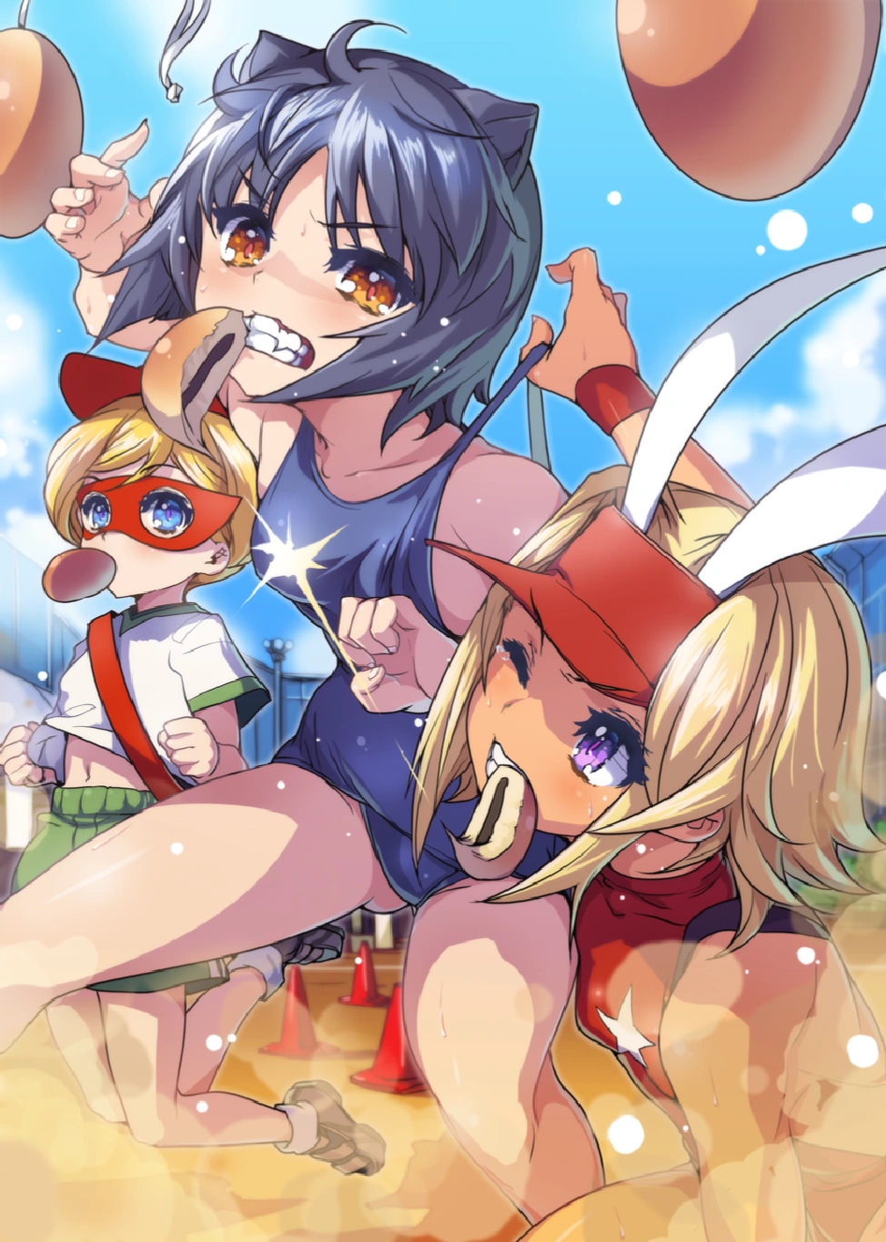 3girls akaga_hirotaka aq_interactive arcana_heart arcana_heart_3 arm_support ass bare_legs bare_shoulders barefoot blonde_hair blue_hair blue_one-piece_swimsuit blue_sky blush breasts catherine_kyoubashi clenched_hands clenched_teeth clothes_lift competition daidouji_kira dark-skinned_female dark_skin day dorothy_albright food_in_mouth highres jumping looking_at_another medium_hair multiple_girls non-web_source one-piece_swimsuit open_mouth orange_hair red_one-piece_swimsuit shiny_skin shoes short_hair short_shorts shorts sky small_breasts sneakers sweat swimsuit swimsuit_lift teeth wet wide_hips