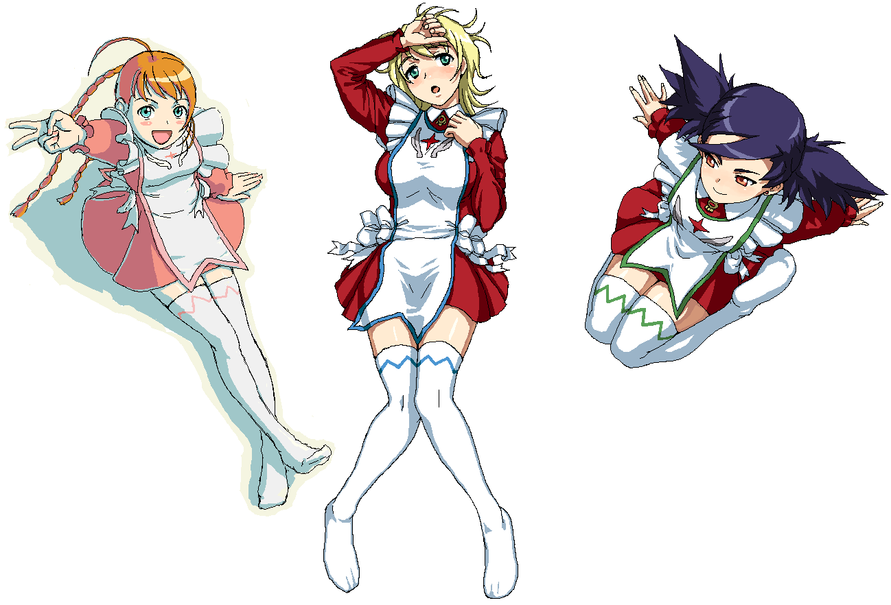 00s 3girls :d ahoge apron arika_yumemiya arm_support arms_behind_back artist_collaboration blonde_hair blue_eyes blush braid breasts crossed_ankles crossed_legs erstin_ho female_focus flat_chest from_above garderobe_uniform green_eyes groin happy ikeda_(cpt) itou_yuuji knees_together_feet_apart large_breasts legs long_hair lying multiple_girls my-hime my-otome nigou nina_wang no_shoes oekaki open_mouth orange_eyes orange_hair outstretched_arm outstretched_legs shadow short_hair simple_background sitting smile sunrise_(company) thighhighs thighs toes twin_braids twintails v wariza white_background white_legwear zettai_ryouiki