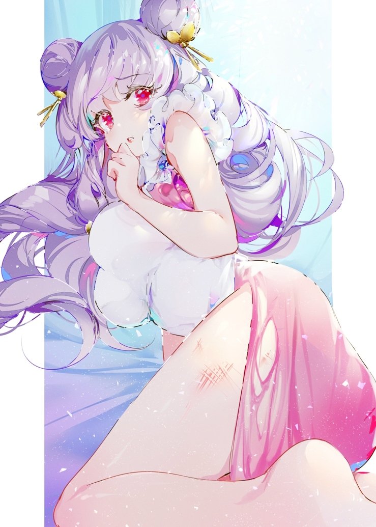 1girl apron bow bruise bruise_on_leg double_bun hair_bow hair_bun injury kinokohime long_hair looking_at_viewer looking_back maid_apron parted_lips purple_hair ranma_1/2 red_eyes shampoo_(ranma_1/2) sidelocks torn_clothes white_apron yellow_bow