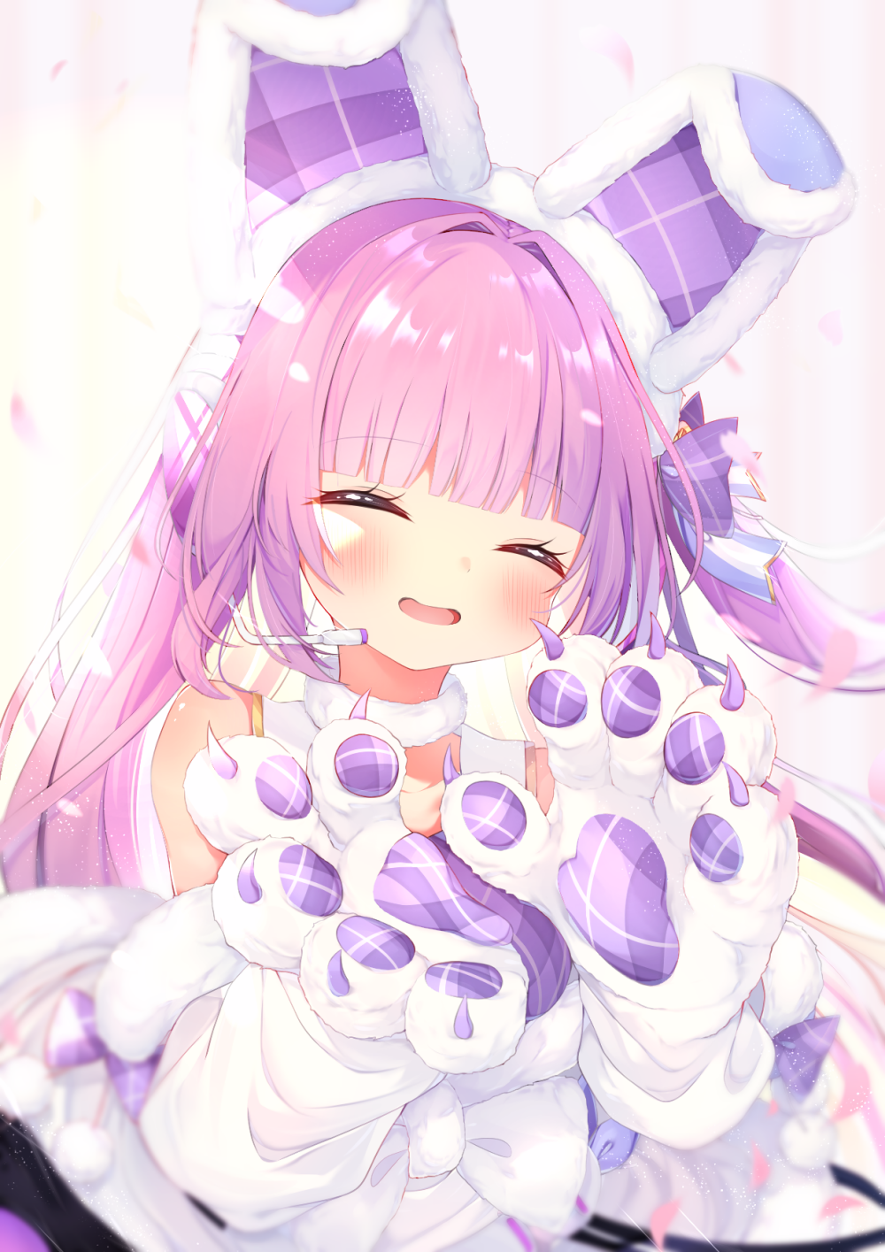 1girl ^_^ animal_ears animal_hands azur_lane bare_shoulders blush closed_eyes commentary_request elbow_gloves facing_viewer fake_animal_ears gloves hands_up headset highres long_hair one_side_up open_mouth paw_gloves petals pink_hair plaid shiira_(nya_rl) shirt sleeveless sleeveless_shirt smile solo tashkent_(azur_lane) tashkent_(muse)_(azur_lane) white_gloves white_shirt