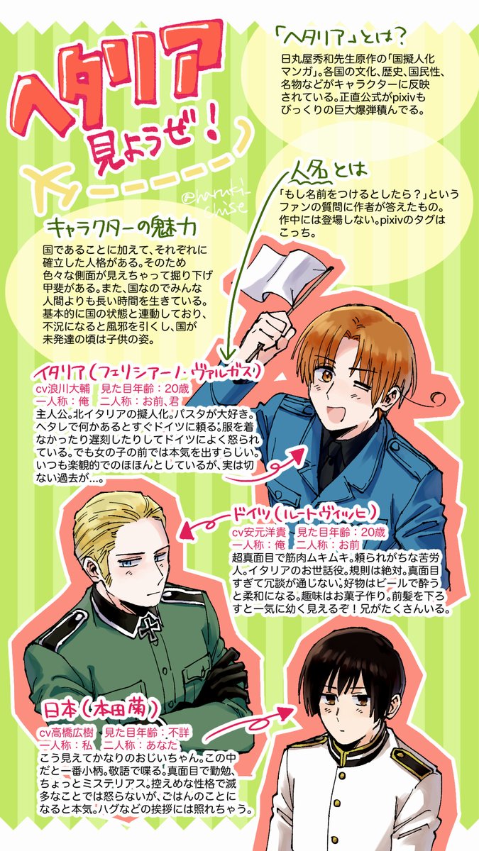 3boys ahoge aircraft airplane arrow_(symbol) artist_name axis_powers_hetalia black_gloves black_hair black_necktie black_shirt blonde_hair blue_eyes blue_jacket blush border breast_pocket brown_eyes buttons closed_mouth collared_jacket collared_shirt commentary_request copyright_name cross crossed_arms germany_(hetalia) gloves green_background green_jacket half-closed_eyes hand_up haruki_chise highres holding holding_newspaper iron_cross jacket japan_(hetalia) long_sleeves looking_at_viewer male_focus military_jacket military_uniform multiple_boys necktie newspaper northern_italy_(hetalia) one_eye_closed open_mouth orange_eyes orange_hair outside_border parted_bangs pocket shadow shirt short_hair smile striped_background translation_request upper_body white_border white_jacket