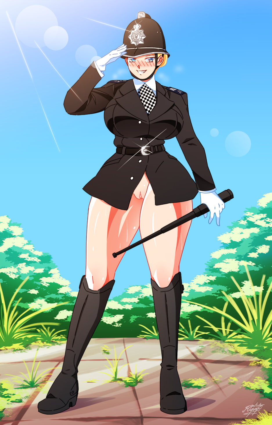 1girl baton_(weapon) belt black_belt black_footwear black_tunic blonde_hair blue_eyes blue_sky blush boots breasts bush checkered_necktie chin_strap commission commissioner_upload custodian_helmet epaulettes facing_viewer glint gloves grass hair_bun hat helmet highres holding holding_weapon large_breasts lens_flare necktie no_pants nude open_mouth original police police_hat police_uniform policewoman portrait pussy riding_boots rinvakk salute shirt short_hair sky smile sunlight sweat thick_thighs thighs tunic united_kingdom venus_symbol weapon white_gloves white_shirt