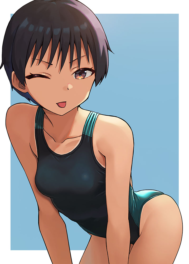 1girl akanbe black_hair black_one-piece_swimsuit blue_background border breasts brown_eyes commentary_request competition_swimsuit eyelid_pull hashi leaning_forward looking_at_viewer one-piece_swimsuit one_eye_closed original outside_border short_hair small_breasts solo swimsuit tan tanline tomboy tongue tongue_out two-tone_background two-tone_swimsuit white_border