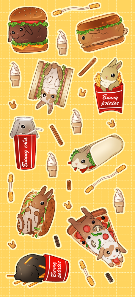 animal_focus black_eyes bread burger cheese closed_mouth cup disposable_cup drinking_straw english_text food food_focus french_fries grid_background honto_pic hot_dog ice_cream ice_cream_cone ketchup lettuce no_humans orange_background original rabbit sandwich simple_background soda tomato yellow_background