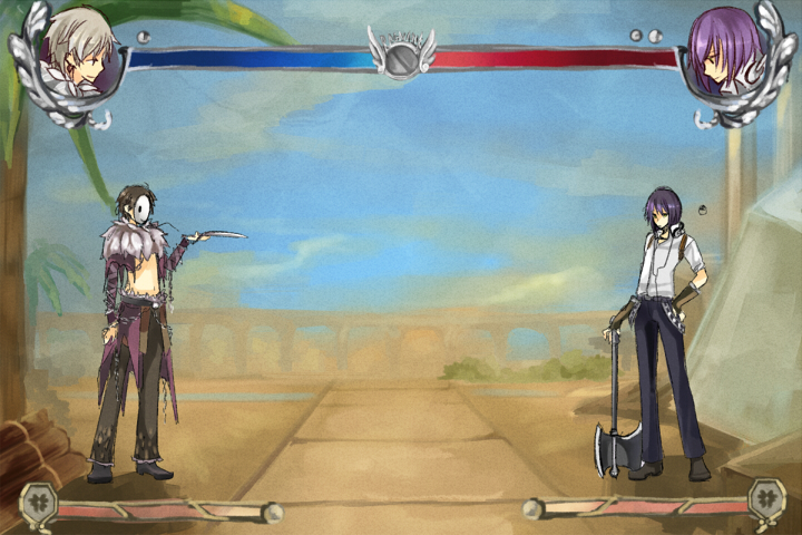 2boys axe black_pants black_shoes blacksmith_(ragnarok_online) blue_sky brown_gloves brown_pants bush closed_mouth cloud commentary_request dagger day expressionless fake_screenshot fighting_game fingerless_gloves full_body fur_collar gloves grey_hair health_bar holding holding_axe holding_dagger holding_knife holding_weapon knife looking_at_another male_focus mask masked multiple_boys outdoors palm_tree pants purple_hair ragnarok_online railing shadow_chaser_(ragnarok_online) shirt shoes short_hair short_sleeves sky standing tent tile_floor tiles tree wane_(ruki) weapon white_shirt