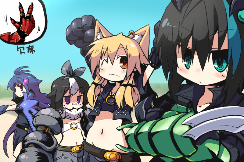 4girls ankh_(ooo) black_hair blonde_hair blue_hair flat_chest gamel green_eyes kamen_rider kamen_rider_ooo_(series) kazari mezul multiple_girls nanateru orange_eyes personification purple_eyes ribbon uva