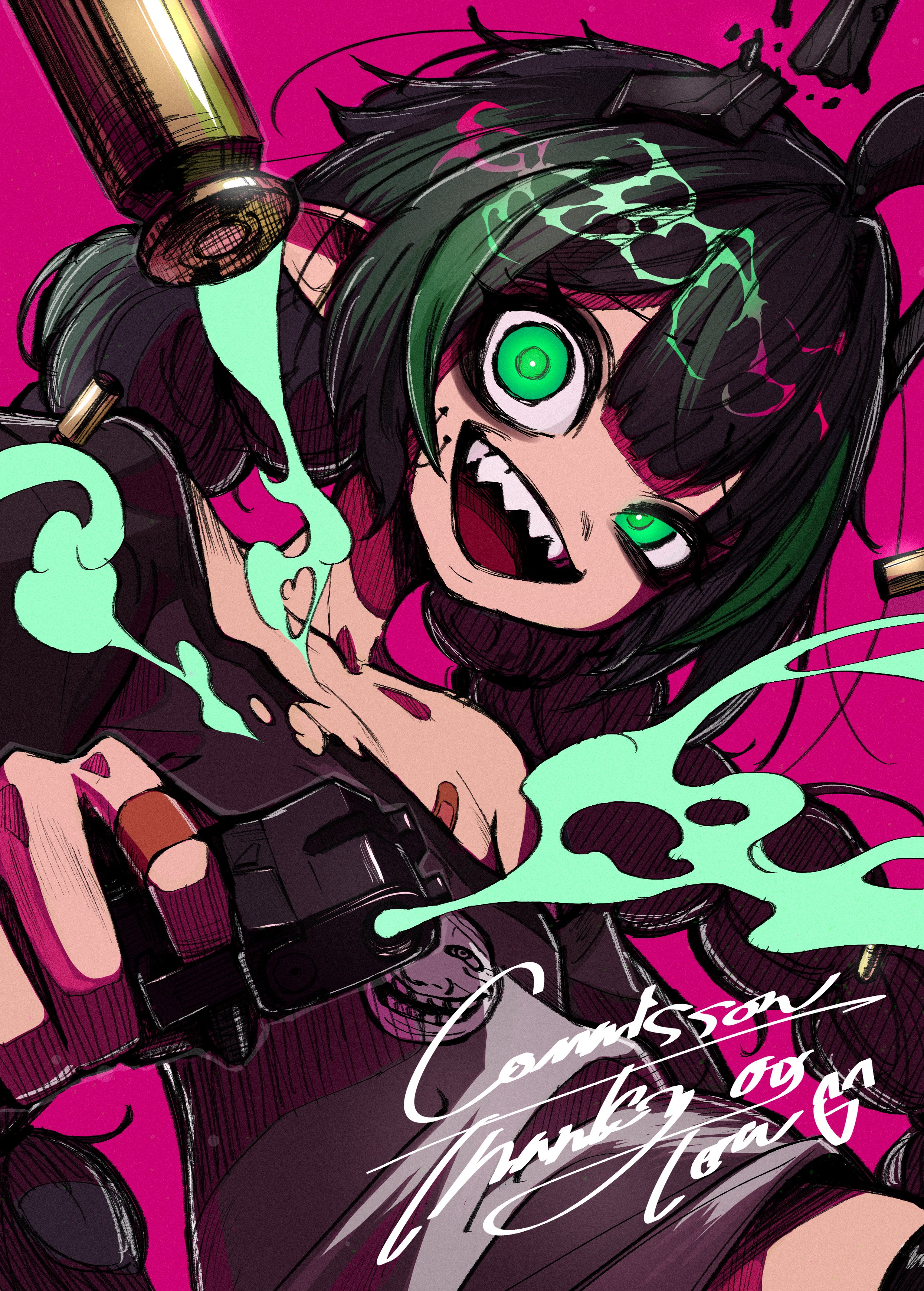1girl absurdres bandaid_on_chest black_horns braid broken_horn bullet commission elf elfinpsyop green_eyes green_hair grey_shirt gun handgun highres holding holding_gun holding_weapon horns indie_virtual_youtuber long_hair multicolored_hair open_mouth pink_background pointy_ears sharp_teeth shirt skeb_commission smoke solo streaked_hair teeth teru_(asa_hi_t) troll_face twin_braids virtual_youtuber weapon