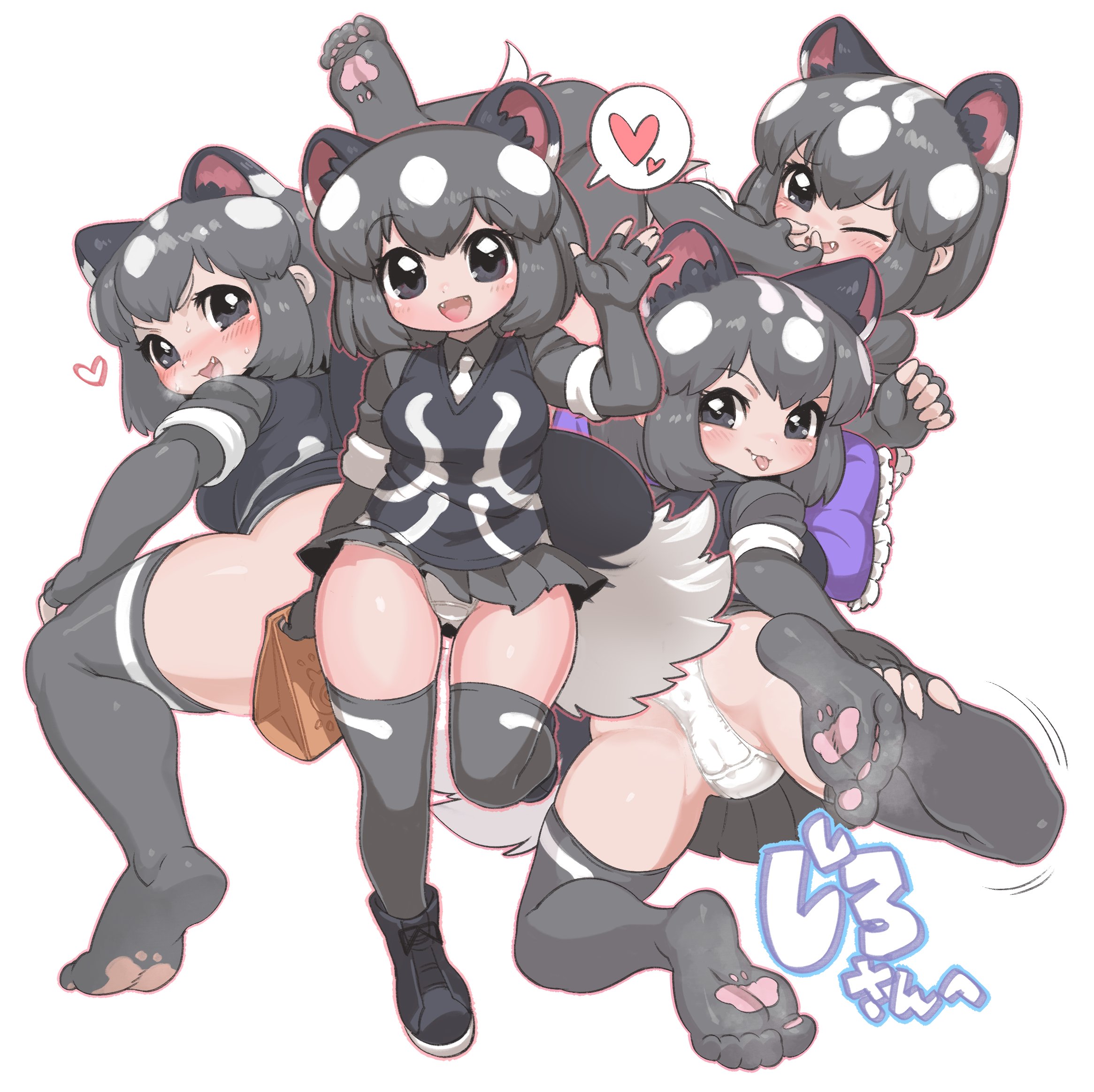 1girl :d animal_ears ass bag black_boots black_eyes black_hair black_vest blush boots bottomless breasts cameltoe closed_mouth commentary_request commission commissioner_name compilation convenient_censoring covered_anus elbow_gloves extra_ears fang fang_out fangs feet full_body gloves grey_gloves grey_skirt grey_thighhighs highres holding holding_bag holding_nose kemono_friends kuro_(kurojill) looking_at_viewer medium_breasts multicolored_hair multiple_views necktie one_eye_closed open_mouth outline panties pantyshot paper_bag paw_print_soles pillow pink_outline pleated_skirt second-party_source shirt short_hair short_sleeves simple_background skirt skunk_ears skunk_girl skunk_tail smile soles spotted_skunk_(kemono_friends) standing standing_on_one_leg steam steaming_clothes tail thigh_gap thighhighs toes tongue tongue_out two-tone_hair underwear v-shaped_eyebrows vest white_background white_hair white_panties