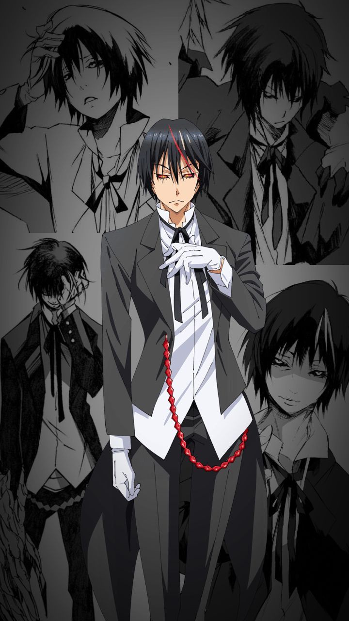 1boy 1other androgynous black_background black_coat black_hair black_jacket black_sclera blue_hair closed_mouth coat colored_sclera diablo_(tensura) frown gloves hair_between_eyes head_rest highres jacket long_hair long_sleeves rxdry short_hair smile straight_hair tensei_shitara_slime_datta_ken v-shaped_eyebrows white_gloves yellow_eyes