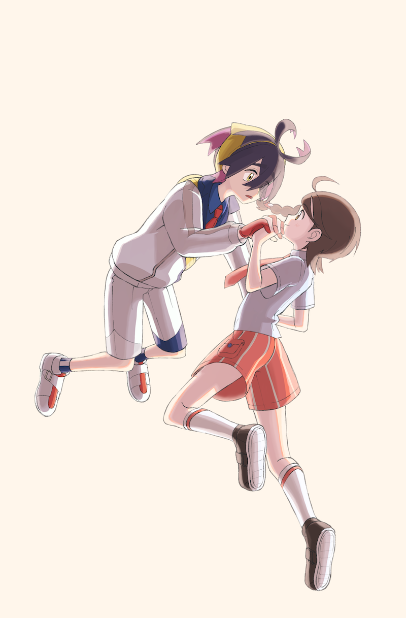 1boy 1girl black_footwear black_hair blue_shirt braid brown_hair closed_mouth collared_shirt commentary_request gloves hairband highres holding_hands jacket juliana_(pokemon) kieran_(pokemon) necktie nintendo open_mouth orange_necktie orange_shorts pokemon pokemon_sv red_gloves red_necktie shirt shoes short_sleeves shorts smile socks suimoku_(hzdg5322) white_footwear white_jacket white_shorts white_socks yellow_eyes yellow_hairband