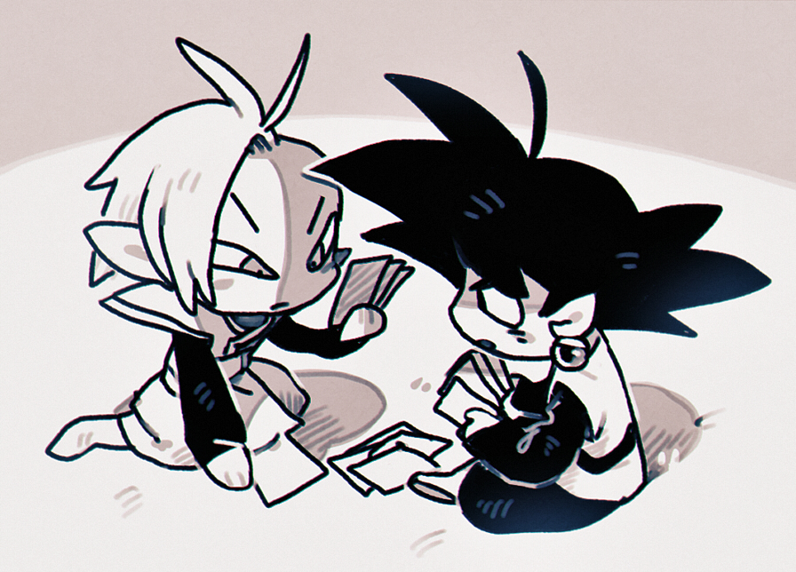 2boys :o annoyed black_bodysuit bodysuit boots card_(medium) cards_on_floor deformed dougi dragon_ball dragon_ball_super earrings goku_black greyscale jewelry long_sleeves looking_at_another looking_at_object looking_down mohawk monochrome multiple_boys pants playing_cards pointy_ears potara_earrings saiyan sash shirt short_hair spiked_hair suzuka_g zamasu