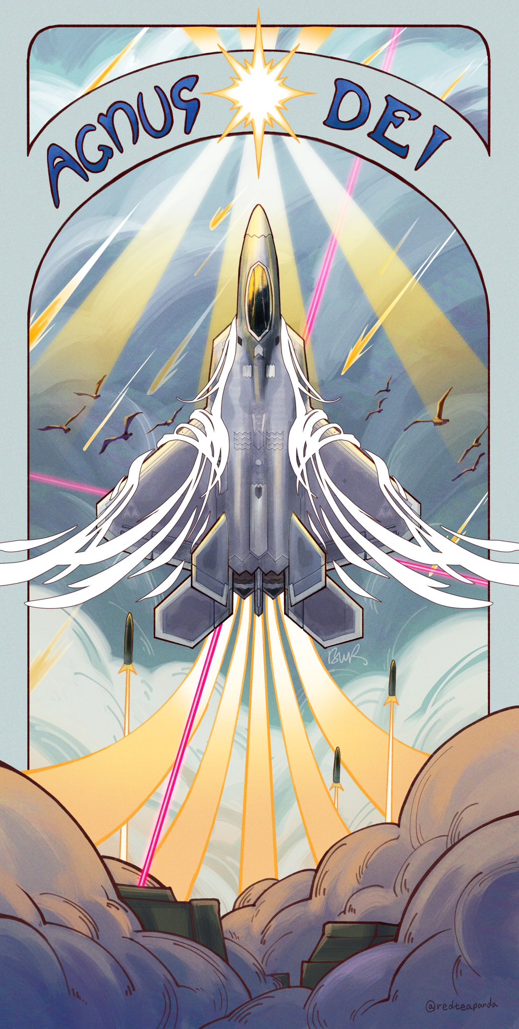 above_clouds ace_combat ace_combat_04 aircraft airplane ballistic_missile bird cloud f-22 f-22_raptor fighter_jet flying highres megalith meteor_shower military_vehicle missile mobius_1 redteapanda sunburst