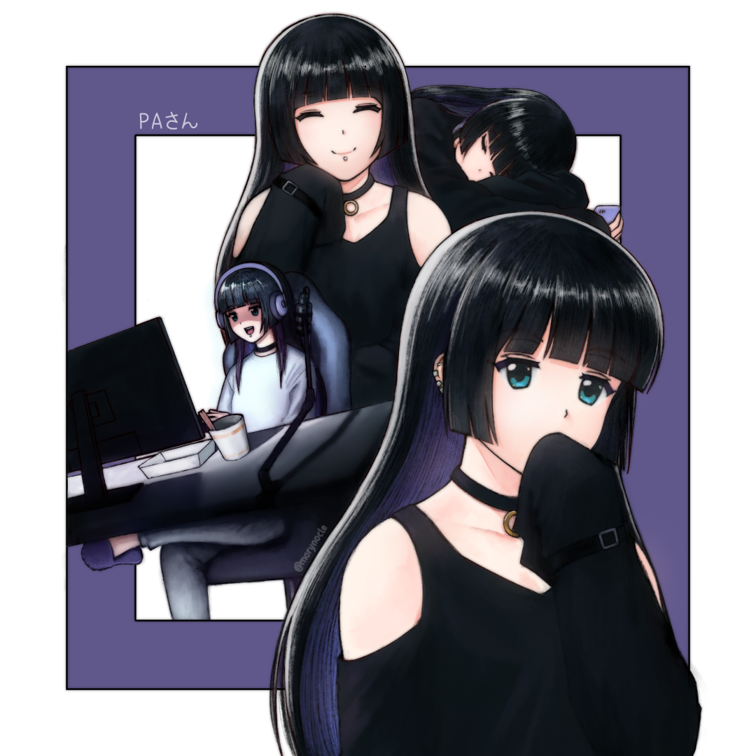 1girl ^_^ black_choker black_dress black_hair blunt_bangs bocchi_the_rock! border choker closed_eyes colored_inner_hair commentary covering_own_mouth desk dress ear_piercing goth_fashion green_eyes hand_over_own_mouth happy headphones hime_cut labret_piercing long_hair long_sleeves morynocle multicolored_hair multiple_views pa-san piercing playing_games purple_hair shirt sleeping smile white_border white_shirt