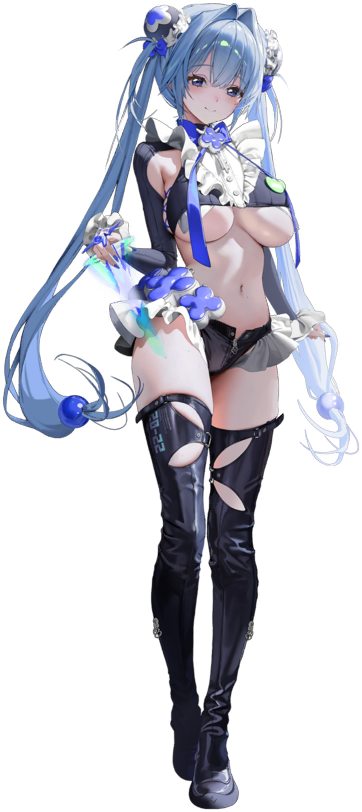 1girl apron armpit_cutout artist_request blue_eyes blue_hair blush breasts clothing_cutout double-parted_bangs full_body goddess_of_victory:_nikke hair_intakes hair_ornament hansel_(nikke) light_smile long_hair long_sleeves maid_apron micro_shorts navel non-web_source official_art old_tales_(nikke) shoes shorts spoilers standing thighhighs third-party_source twintails underboob very_long_hair