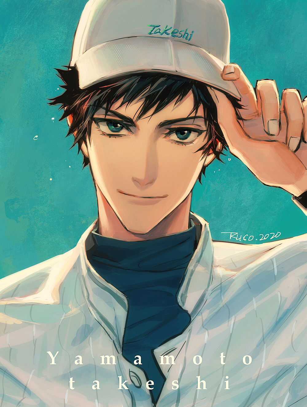 1boy adjusting_clothes adjusting_headwear artist_name baseball_cap baseball_uniform black_hair blue_background blue_eyes character_name closed_mouth hand_on_headwear hat highres katekyo_hitman_reborn! looking_at_viewer male_focus ru_(famia) shirt short_hair smile solo sportswear upper_body yamamoto_takeshi