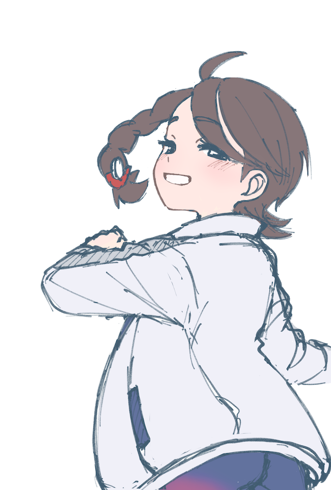 1girl ahoge black_eyes blue_pants braid brown_hair commentary_request grin hand_up happy jacket juliana_(pokemon) long_sleeves looking_down nintendo pants pokemon pokemon_sv simple_background smile solo suimoku_(hzdg5322) teeth white_background white_jacket