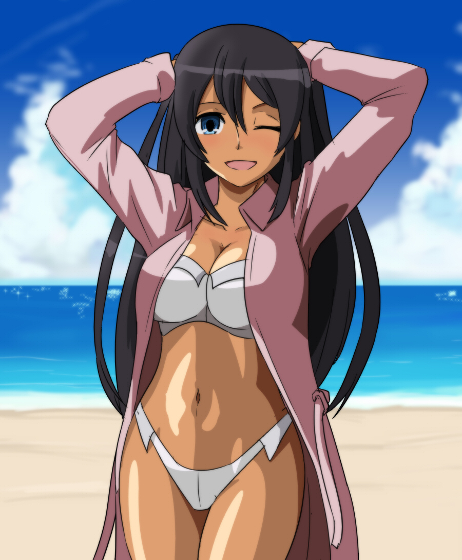 1girl arms_behind_head beach bikini black_hair blue_eyes breasts captain_earth cleavage coat large_breasts legs long_hair mutou_hana navel ocean one_eye_closed open_clothes open_coat smile solo swimsuit tan thighs twintails water wbd white_bikini wink