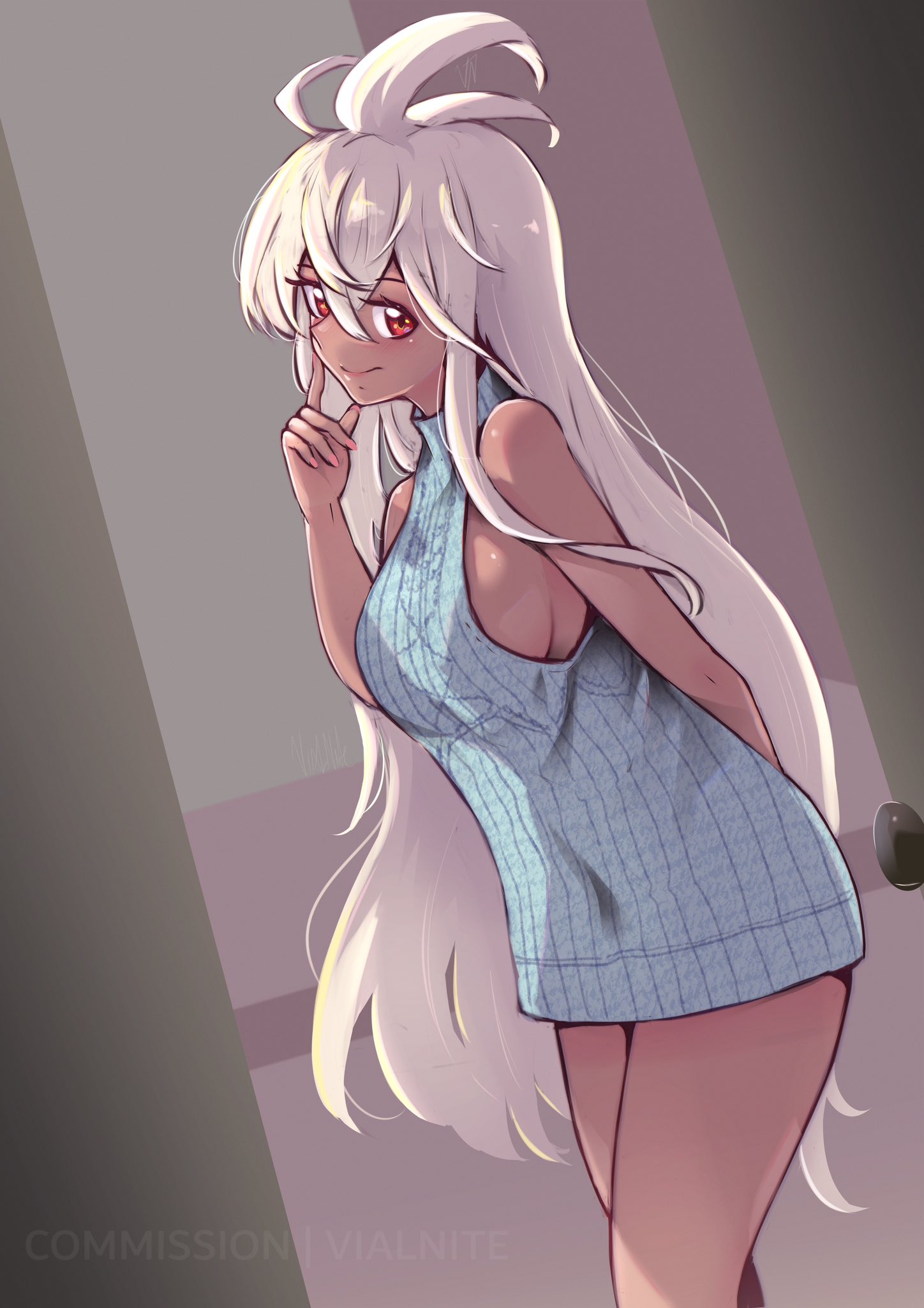 1girl ahoge breasts commentary commission dark-skinned_female dark_skin english_commentary granblue_fantasy hair_between_eyes highres long_hair looking_at_viewer medium_breasts red_eyes sideboob sleeveless sleeveless_turtleneck smile solo turtleneck very_long_hair vialnite white_hair zooey_(granblue_fantasy)