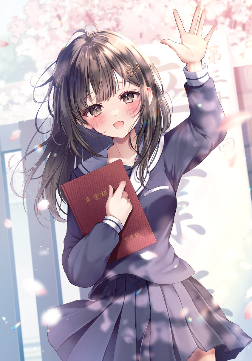 1girl :d ahoge arm_up black_serafuku black_shirt black_skirt blush boku_wo_futta_oshiego_ga_1-shuukan_gotoni_deretekuru_lovecome book breast_pocket breasts brown_eyes brown_hair cherry_blossoms collarbone commentary cowboy_shot dutch_angle flower_hairpin highres holding holding_book long_hair long_sleeves looking_at_viewer mebuki_hinata medium_breasts miniskirt official_art open_mouth pleated_skirt pocket sailor_collar school_uniform serafuku shirt skirt sleeve_cuffs smile solo white_sailor_collar yugaa