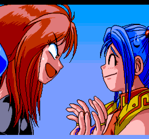 2girls anita_(basted) argue armor basted blue_hair game gems multiple_girls pc_engine pixel_art raiza_(basted) red_hair