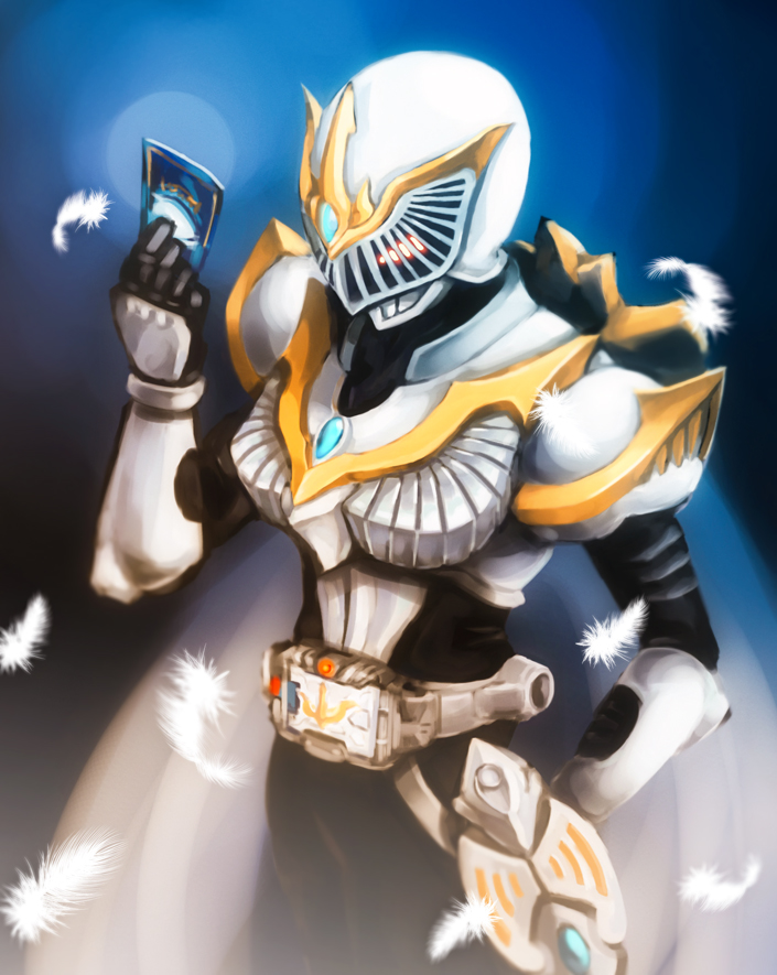 1boy belt cape card feathers glowing glowing_eyes holding holding_card kamen_rider kamen_rider_femme kamen_rider_ryuki_(series) male_focus solo utei_so