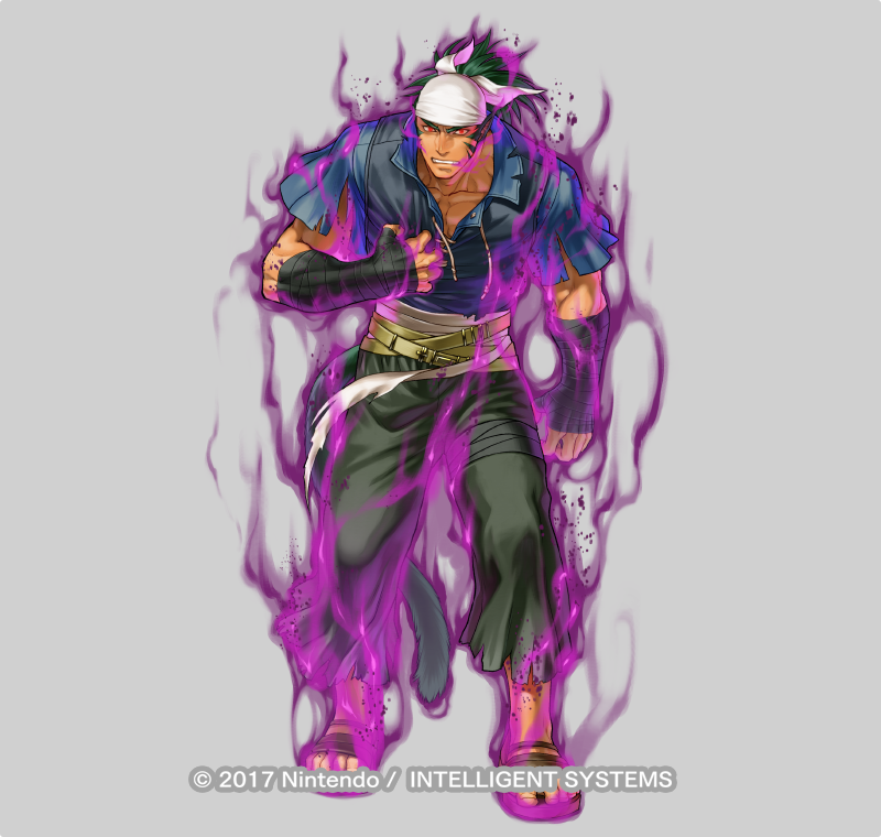 1boy animal_ears aura bandana copyright_notice dark-skinned_male dark_aura dark_skin fire_emblem fire_emblem:_radiant_dawn fire_emblem_heroes full_body green_hair grey_background kita_senri laguz_(fire_emblem) looking_at_viewer male_focus muarim_(fire_emblem) muarim_(raw_instinct)_(fire_emblem) muscular muscular_male nintendo official_art pectoral_cleavage pectorals red_eyes sandals solo tail tiger_boy tiger_ears white_bandana